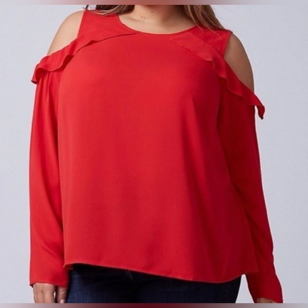 Women’s Lane Bryant Sz 14 Red Long Sleeve Cold Shoulder Ruffle Blouse